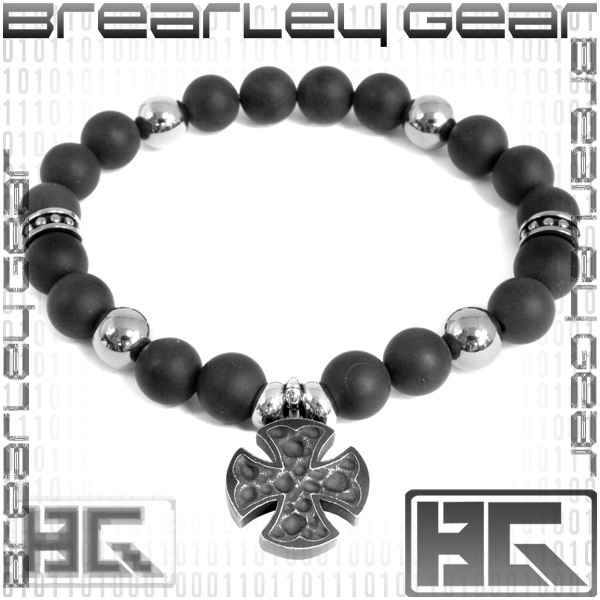 【Brearley Gear/ブレアリーギア】ブラック クロス チャーム ツヤ消し オニキス サージカルステンレス ブレスレット /メンズ