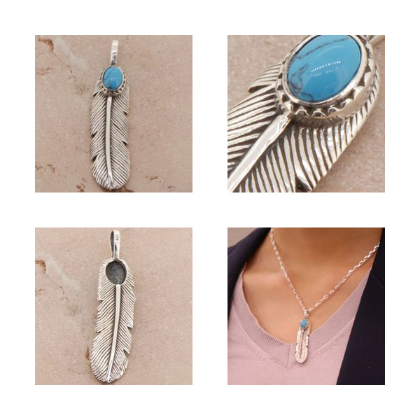 シルバー925 ペンダントトップ　フェザー　ターコイズ　ネックレス　新品　5-1 フェザー ペンダントトップ(チェーンなし) トルコ石 羽根 ネイティブ