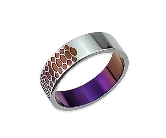 Hizm 鱗紋様リング 6mm 幅 橙×紫×紺 純チタン製 チタンアクセサリー
