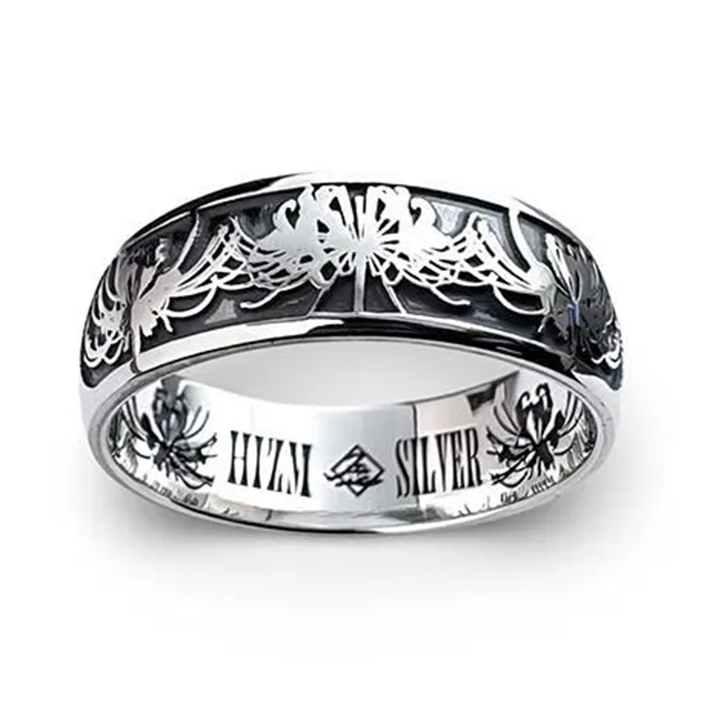 Hizm 燦然 彼岸花 レリーフ リング 指輪 甲丸 7mm幅 シルバー 925 製