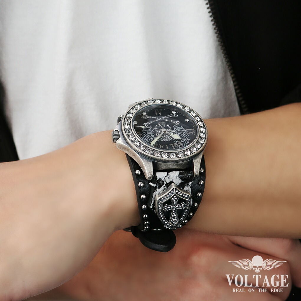 VOLTAGE 時計 WING SKULL LEATHER ブラック 腕時計 ウォッチ 黒