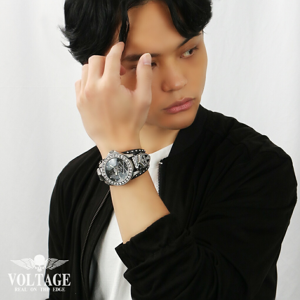 VOLTAGE 時計 WING SKULL LEATHER ブラック 腕時計 ウォッチ 黒