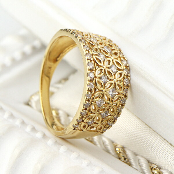 K18 ダイヤモンド 透かし フラワー レース リング 指輪 ゴールド 花