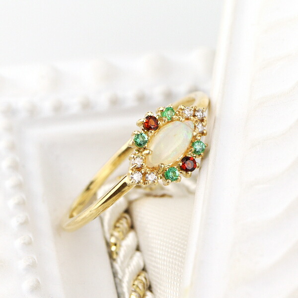 18金 K18 天然オパールとダイヤモンドのリング 18金 リング 天然石 オパール & ダイヤモンド 日本製 送料無料 | 指輪